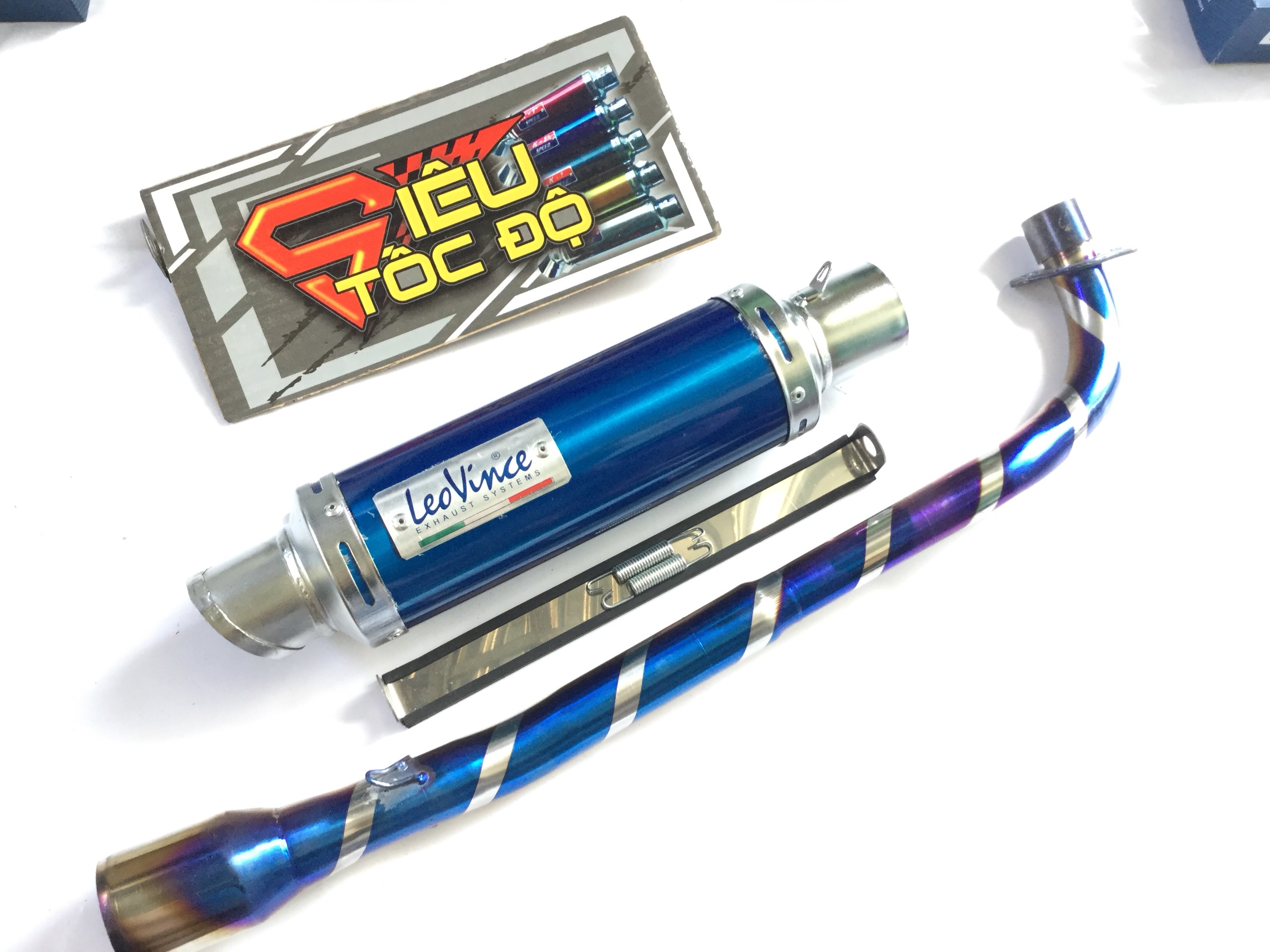 Pô leovince xanh full pass treo lò xo bao gồm cả cổ pô titan độ cho xe sirius, jupiter, taurus,...