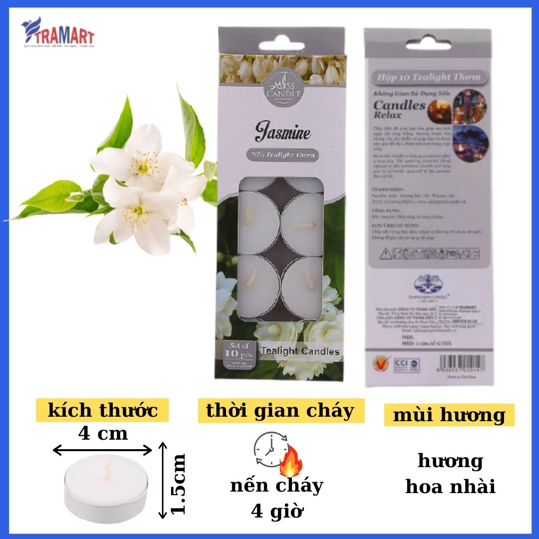 [HCM] candle scented tealight box 10 candle ftramart MIC0147 Jasmine (jasmine flavor) candle smokeless material paraffin wax help burst essential oils aromatherapy room and home décor or making gift.