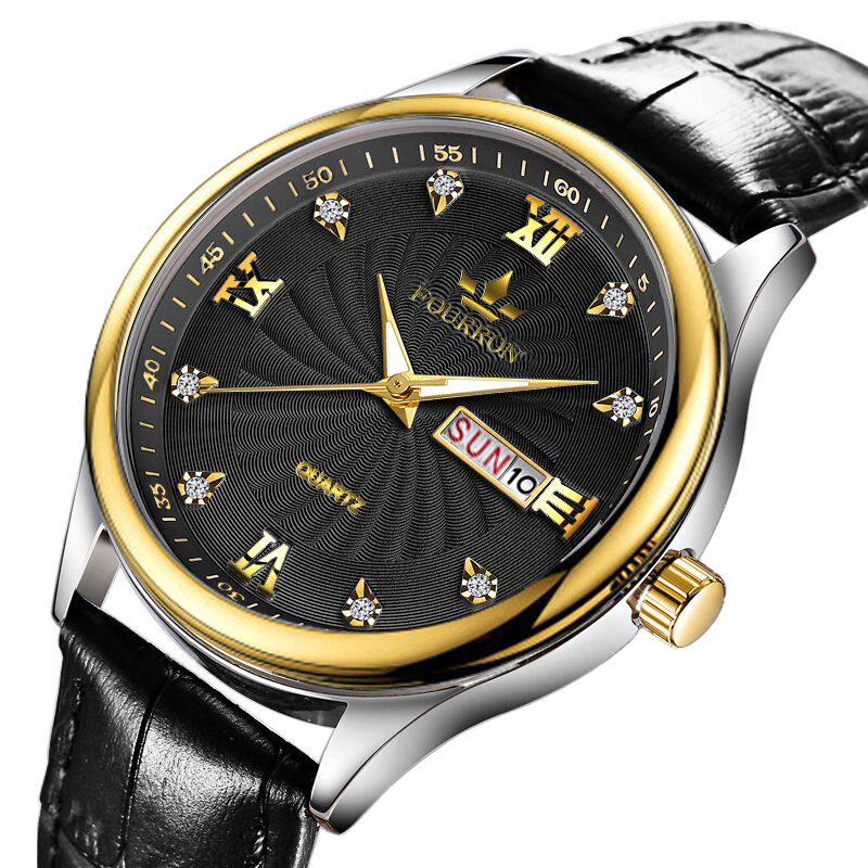 Đồng hồ Nam FOURRON JAPAN Mặt Đính Đá F1853  chống nước 3ATMv chạy 2 Lịch Dây Da Cao cấp