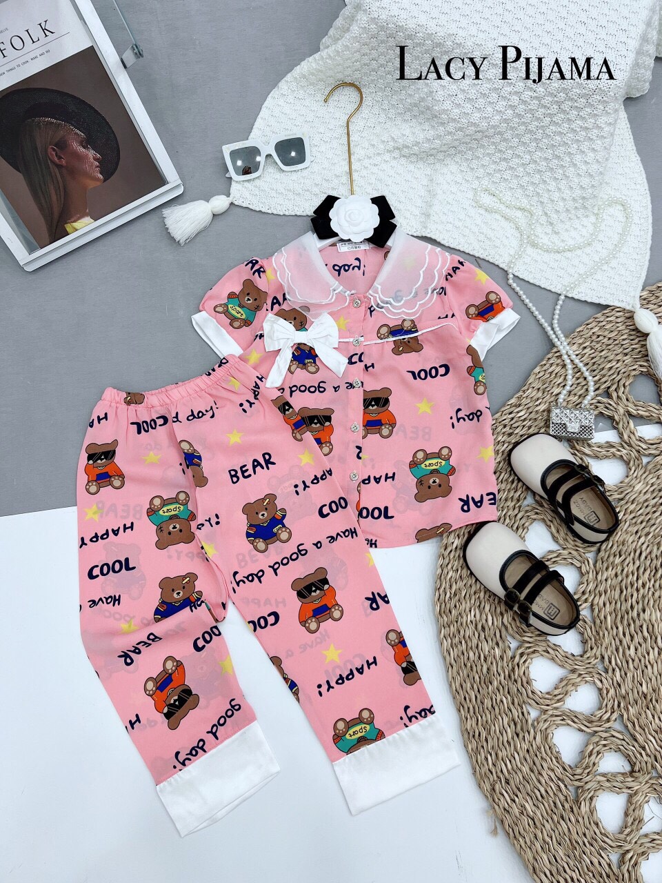 Bộ ngủ pijama lụa mango phối cổ ba lá cho bé gái