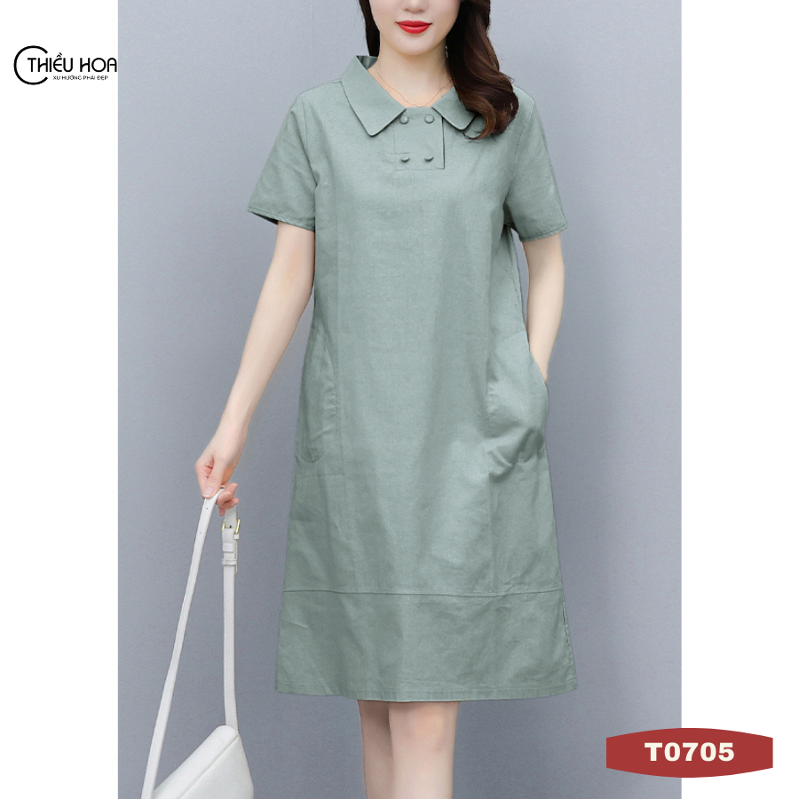 Đầm nữ trung niên dáng suông kiểu dáng cổ sơ mi thanh lịch T0705 Thời Trang Thiều Hoa