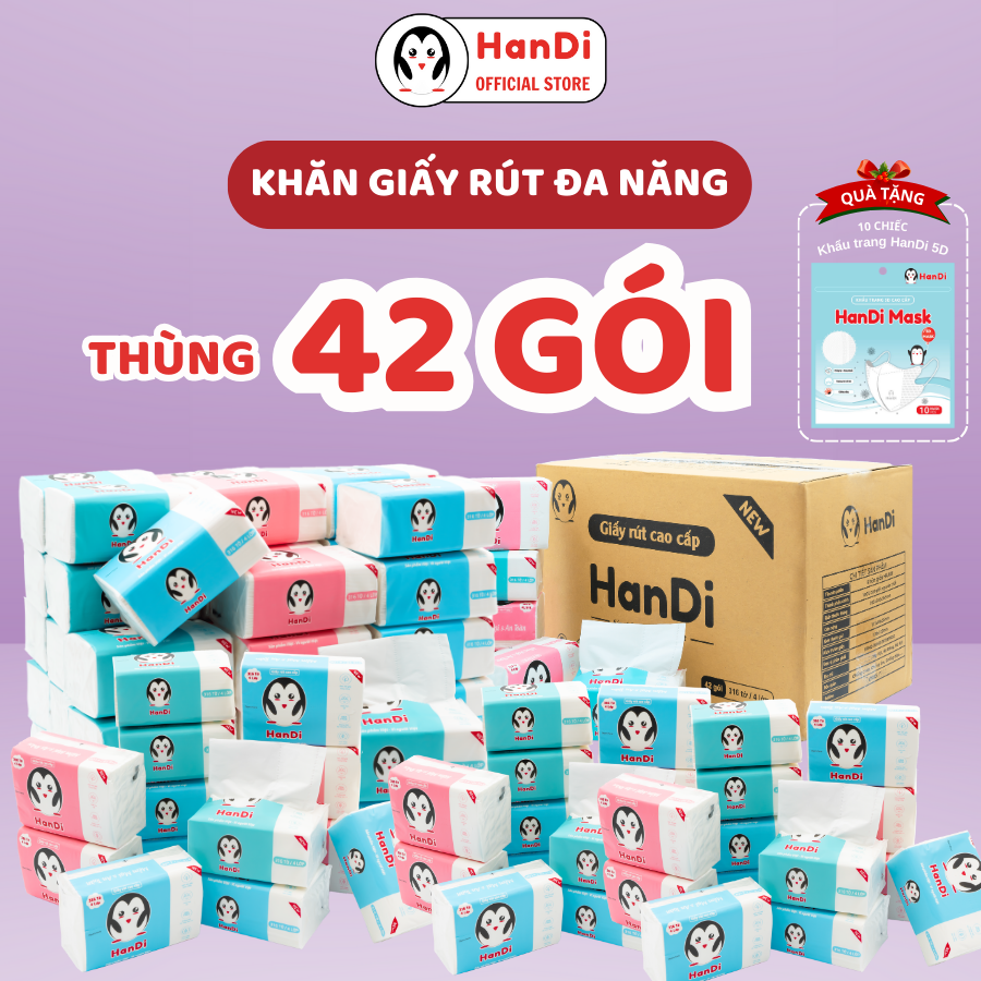 Thùng 42 gói giấy ăn HanDi, khăn giấy rút CAO CẤP, 316 tờ 4 lớp, CÓ QUÀ TẶNG