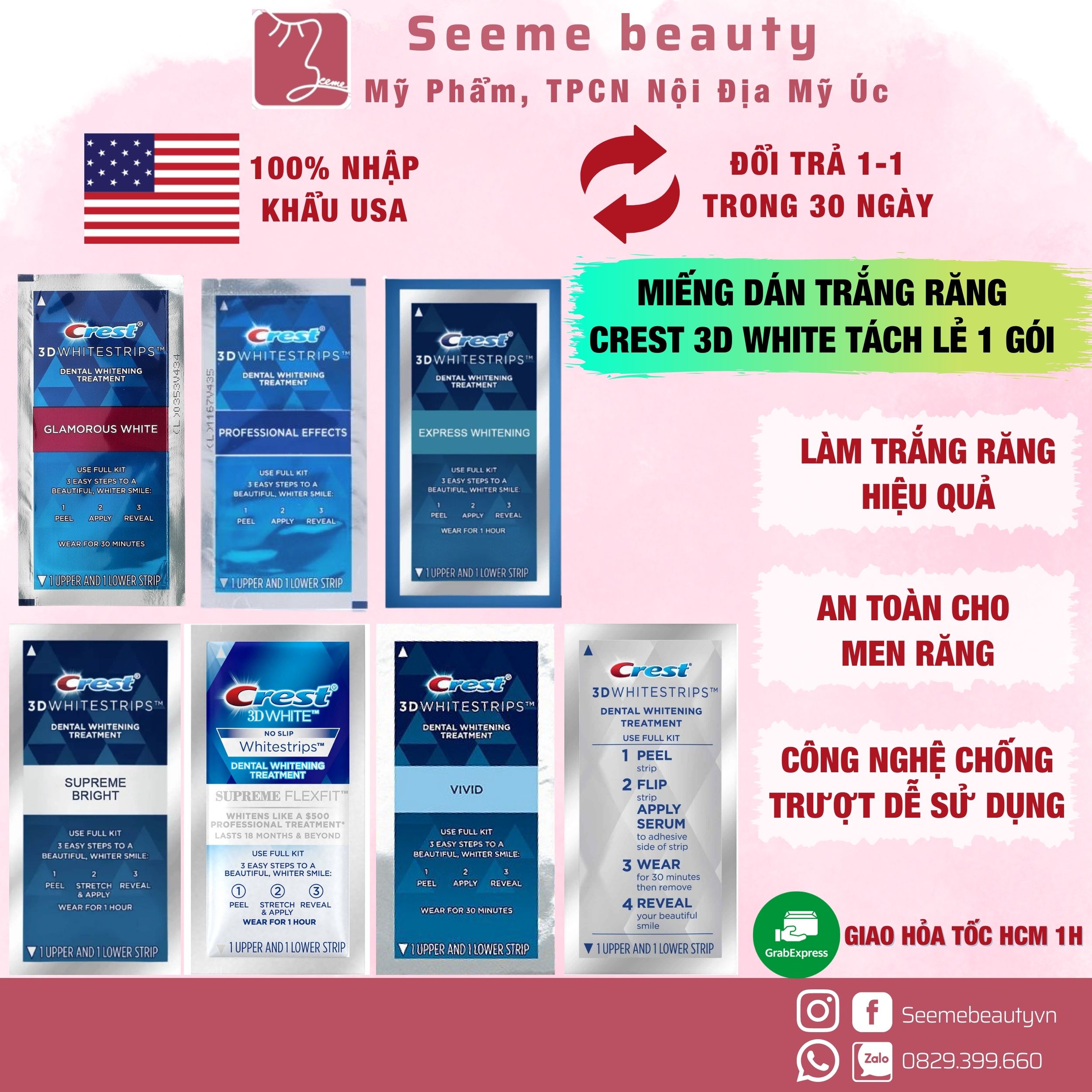 Miếng dán trắng răng Crest 3D White - Mỹ (Professional Effects/ Supreme Flexfit/ Glamorous/ 1 hour) Seeme Beauty