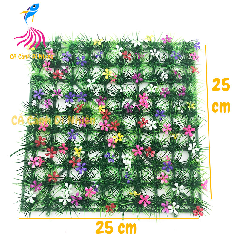 Thảm cỏ nhựa Lá Kim Có Bông trang trí hồ cá size 25x25 cm