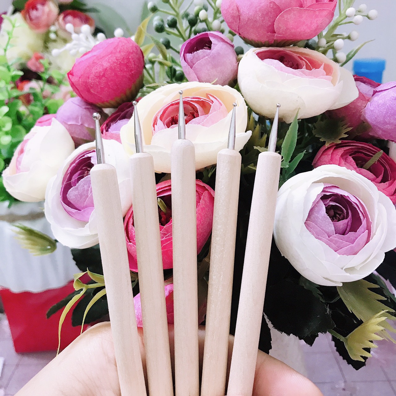 Sét 5 cây chấm bi gỗ, chấm bi 5 màu