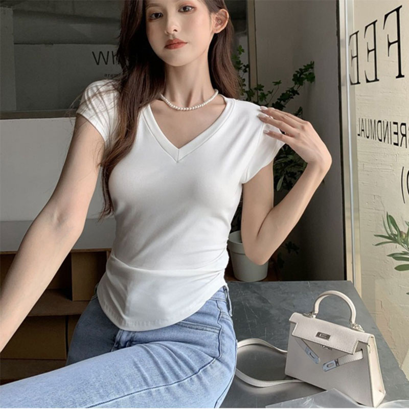 Áo thun nữ nhúng eo, cổ tim, tay ngắn JE0020