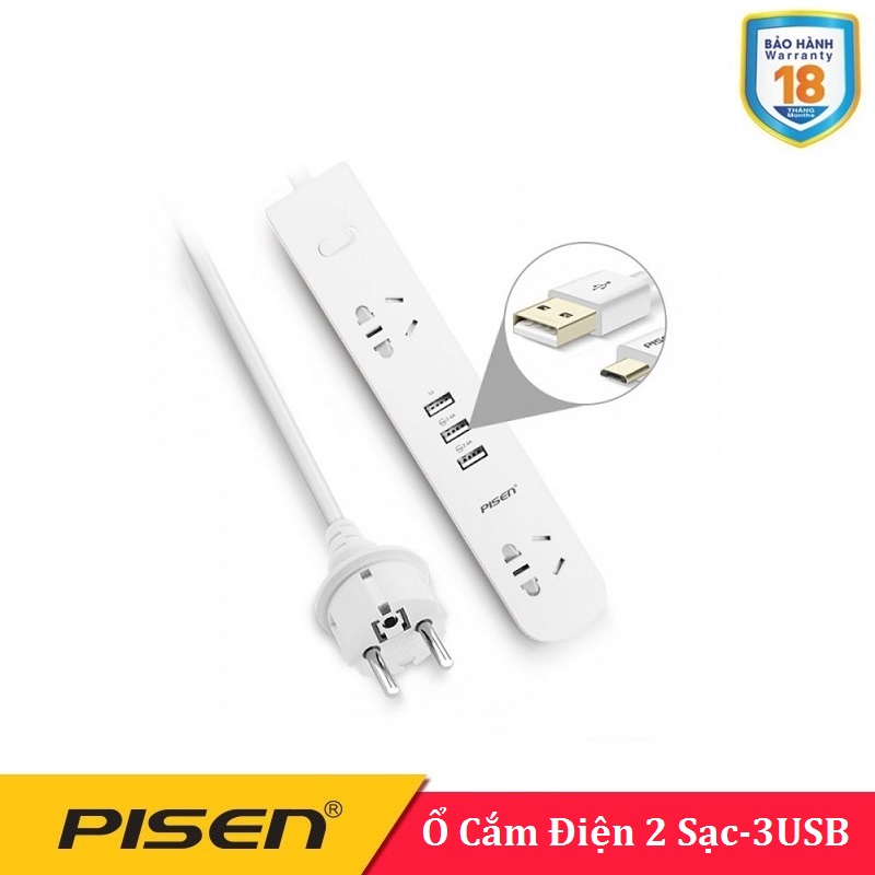 Ổ cắm điện Pisen KY-23 EP  ( 2 AC , 3USB ) -BH 18 Tháng