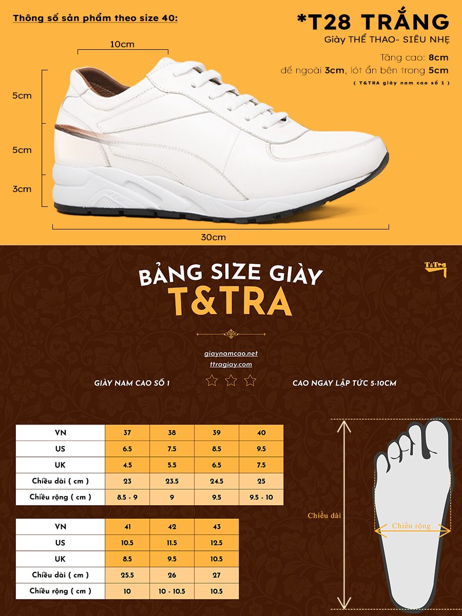 Giày Cao Nam T&TRA T28 Trắng cao 6CM
