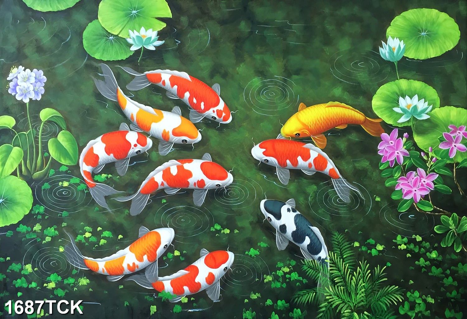 Tranh dán tường 3d cửu ngư quần hội sen cá koi cá chép 1687tck