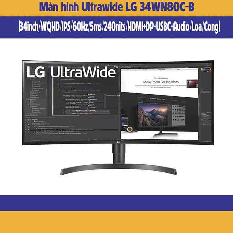 Màn hình máy tính LG 34WN80C-B (34inch/WQHD/IPS/60Hz/5ms/240nits/HDMI+DP+USBC+Audio/Loa/Cong)