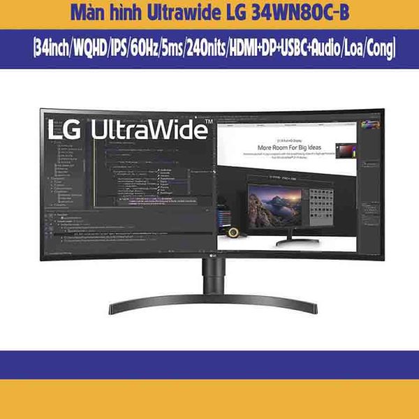 Bảng giá Màn hình máy tính LG 34WN80C-B (34inch/WQHD/IPS/60Hz/5ms/240nits/HDMI+DP+USBC+Audio/Loa/Cong) Phong Vũ