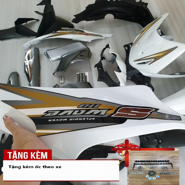 Áo xe máy - vỏ xe máy - bộ nhựa xe máy Wave S110  màu TRẮNG , dàn áo xe máy [ FULL ỐC +TEM ],đồ chơi xe máy giá rẻ