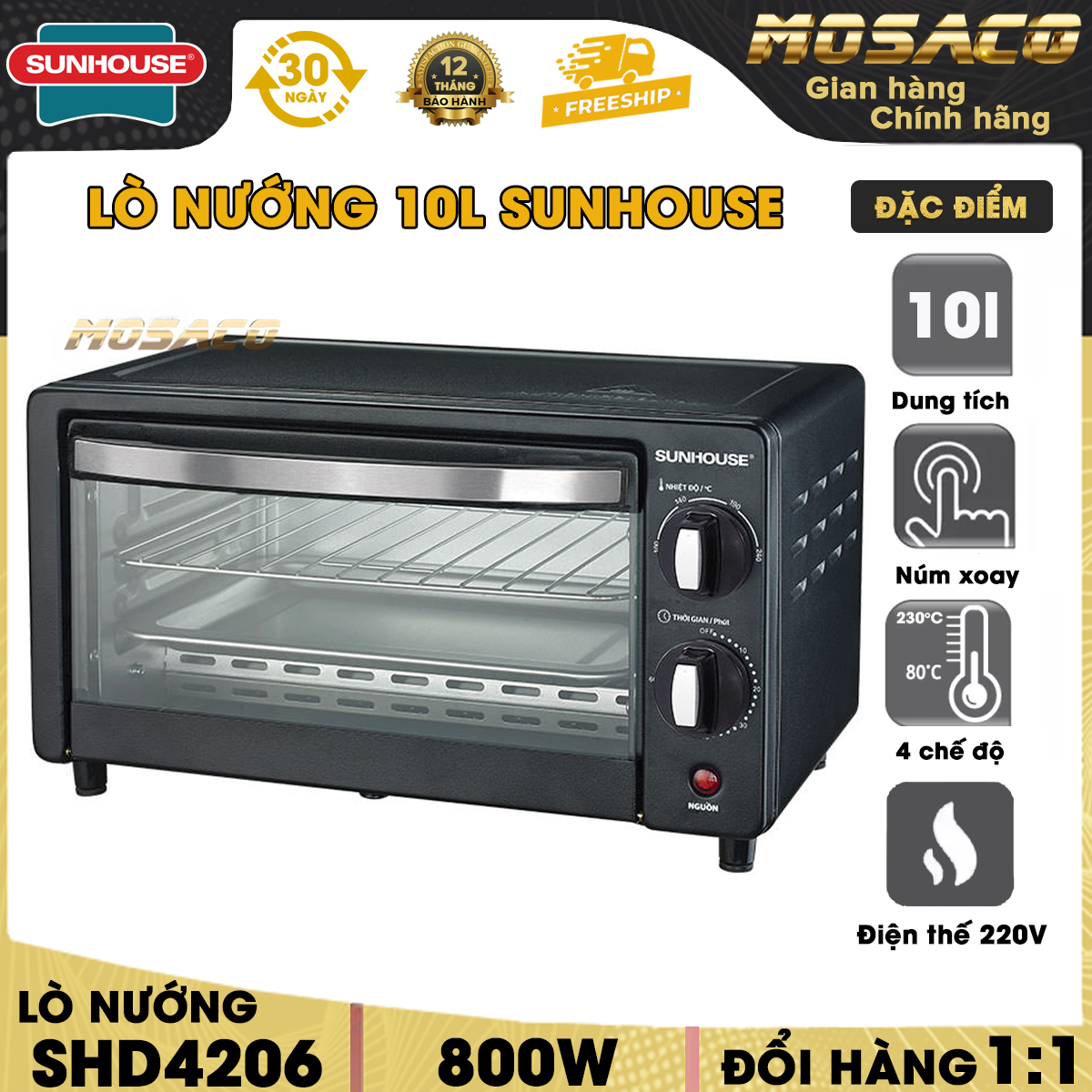 Oven 10L Sunhouse SHD4206, power 800 W. Electric oven multi-purpose, grill heating rods 3 mode, cap design safety glass oven with bracket and self-disconnected when open the cover-mosaco