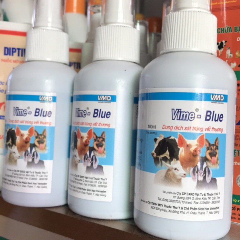 Vemedim Vime Blue chai xịt trị nhiễm trùng vết thương ngoài da cho chó và gia súc, chai 100ml