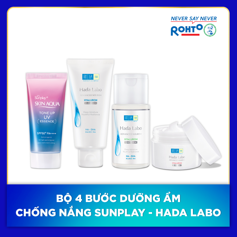 Bộ 4 bước dưỡng ẩm chống nắng Sunplay - Hada Labo (Chống nắng + Kem rửa mặt + Dung dịch dưỡng + Kem dưỡng) giá rẻ