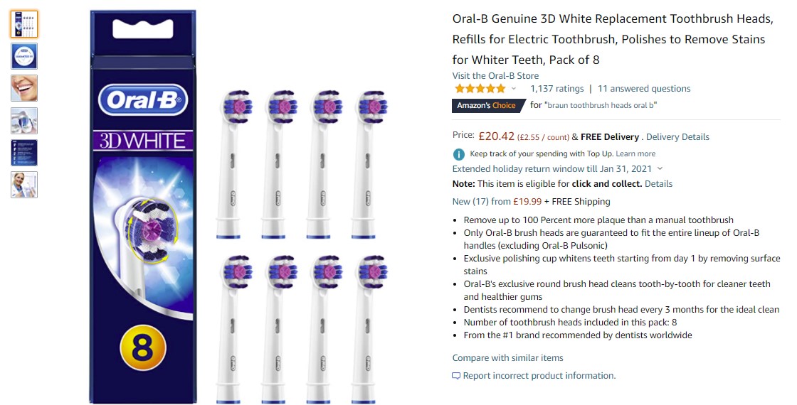 [Chính Hãng] Đầu bàn chải đánh răng điện Oral-B Genuine 3D White Power