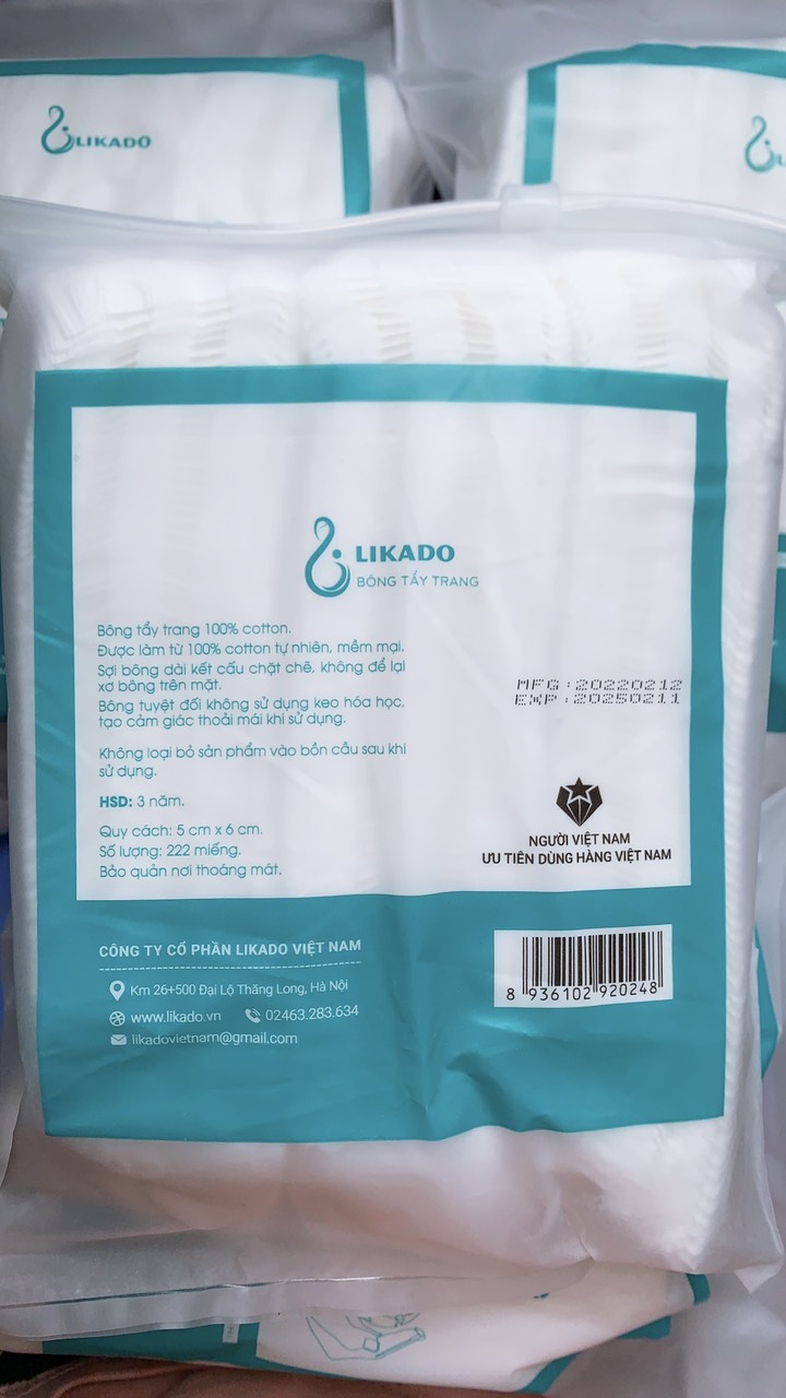 5 túi bông tẩy trang 222 miếng Likado 3 lớp 2 mặt chất liệu cotton bông tự nhiên