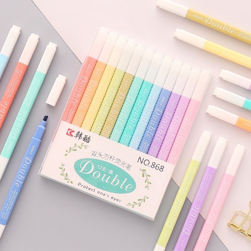 Bộ 12 bút highlight màu pastel 2 ngòi