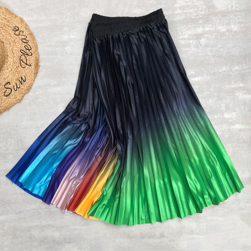Chân Váy Midi Lưng Cao Bằng Lụa Satin Màu Gradient Thời Trang Cho Nữ