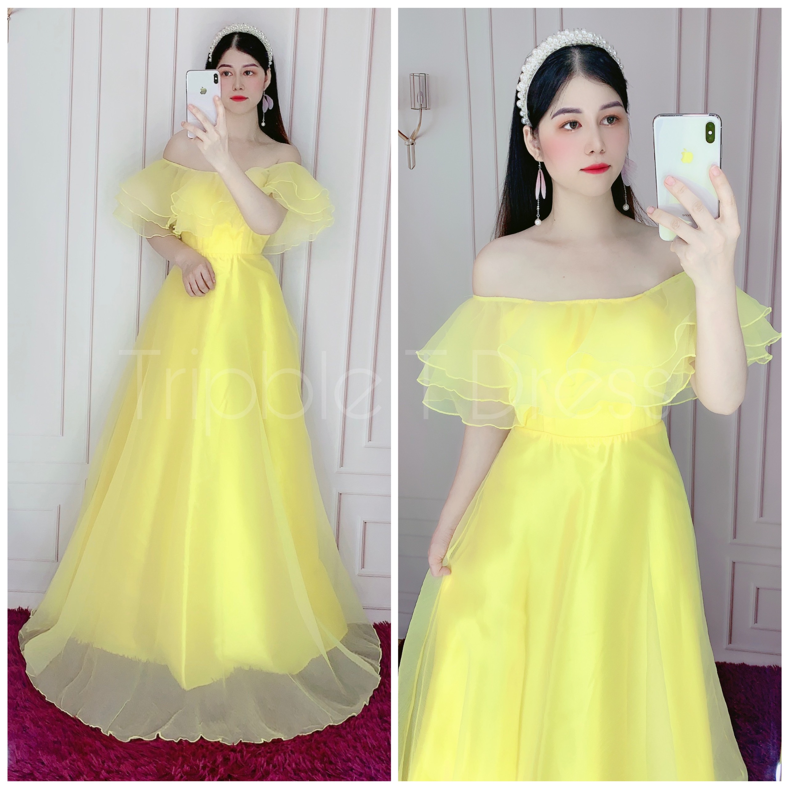 Đầm maxi dự tiệc mặc cưới bẹt vai tầng bèo tripble t dress - size s/m/l - ms324v