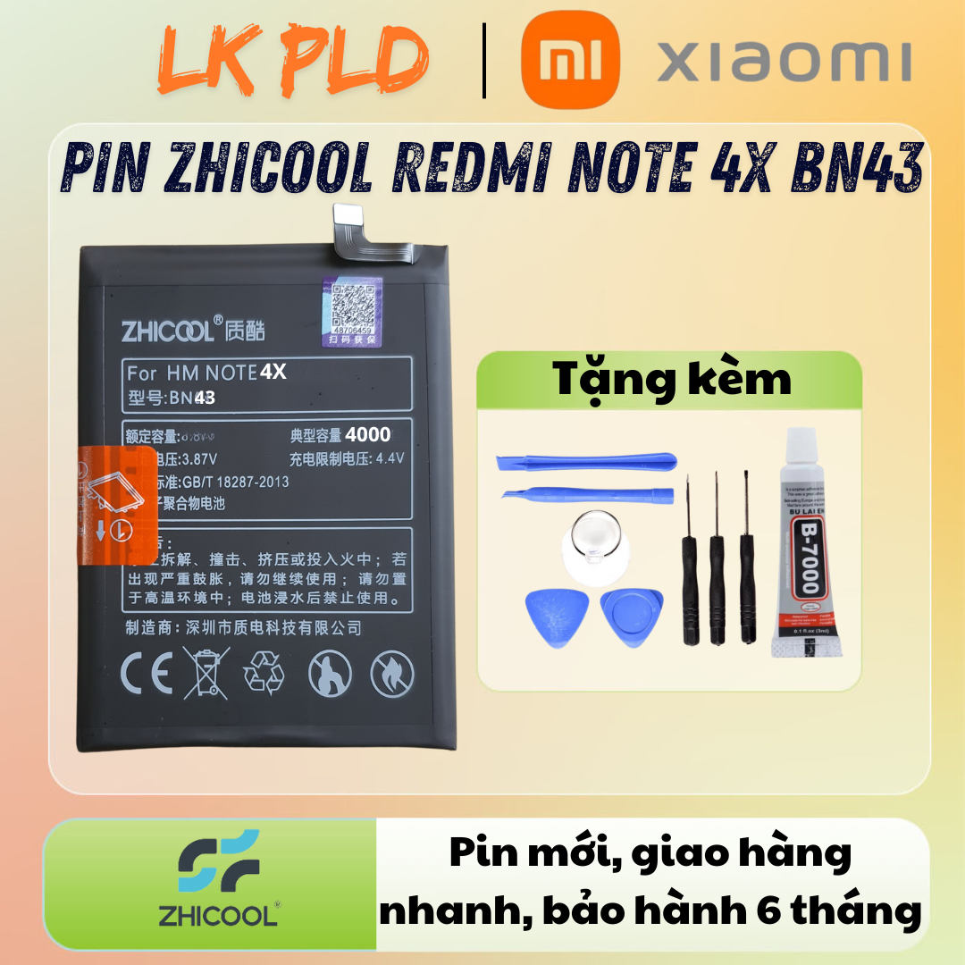 Pin Redmi Note 4X BN43 hãng Zhicool, Tặng kèm bộ tua vít mở máy, Bảo hành 3 tháng