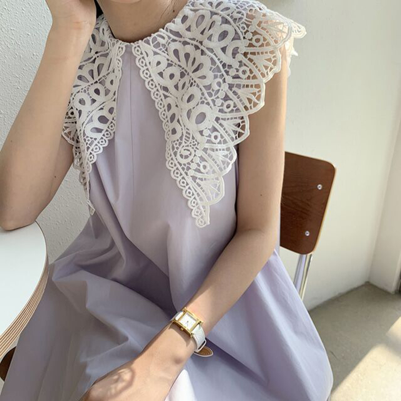 Hàn Quốc Chic Mùa Hè Thích Hợp Phong Cách Retro Xuyên Thấu Ren Ve Áo Dáng Suông Rộng Dáng Dài Qua Đầu Gối Không Tay Đầm Nữ