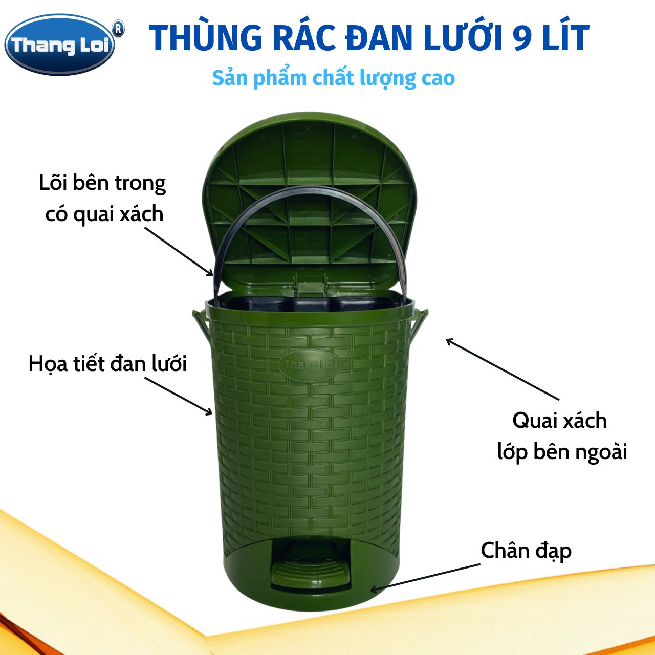 Thùng Rác Nhựa Thắng Lợi 9L Đan Lưới