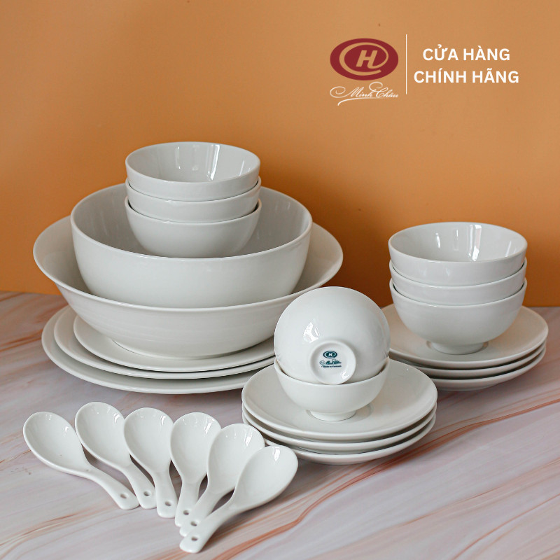 Bộ Bát Đĩa Trắng Trơn 25 Món - Sứ Minh Châu