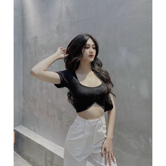 Áo croptop kiểu cổ u khoét thân ôm body xẻ bụng, áo phông xẻ tà