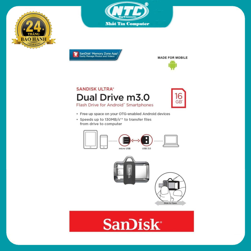 USB OTG 16GB SanDisk Dual Drive M3.0 - 1 cổng USB 1 cổng microUSB (Bạc) Nhất Tín Computer