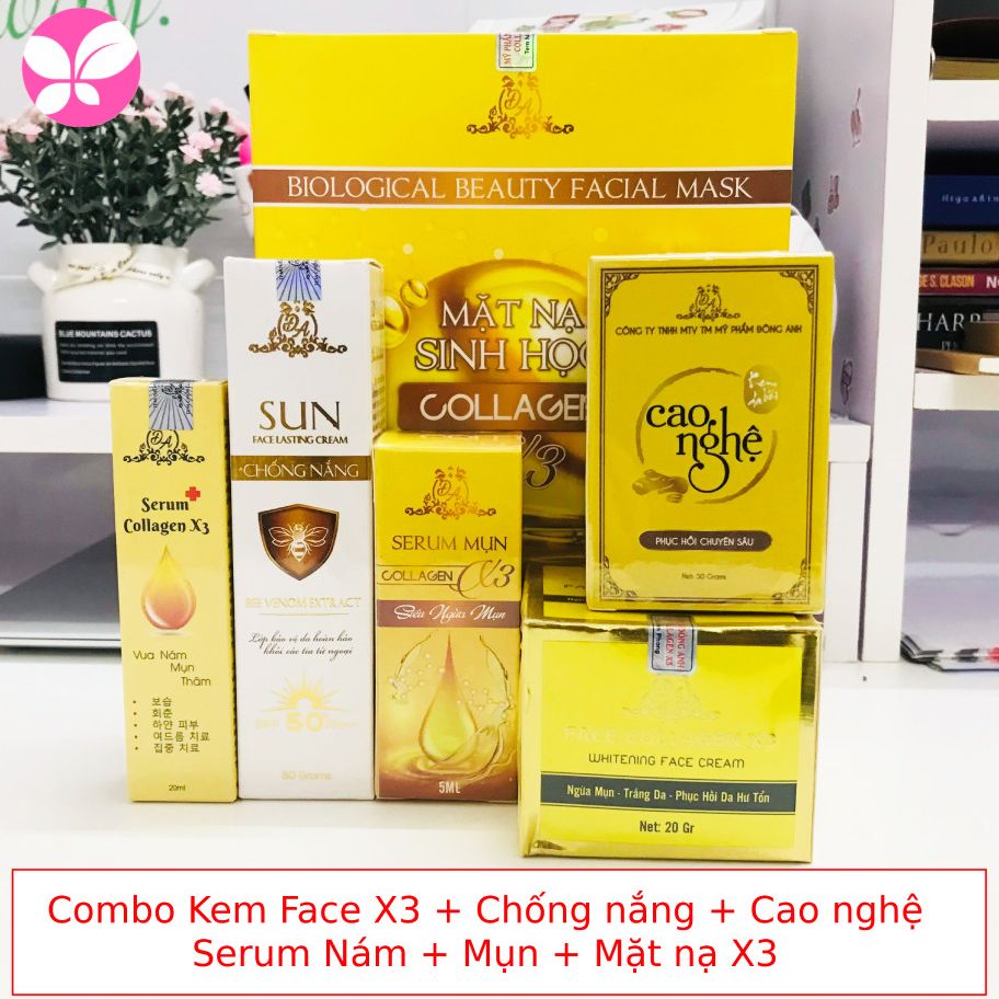 Combo 6 sản phẩm Kem face X3 Collagen Cao nghệ Chống nắng Serum nám Serum mụn Mặt nạ sinh học - Chính hãng Đông Anh