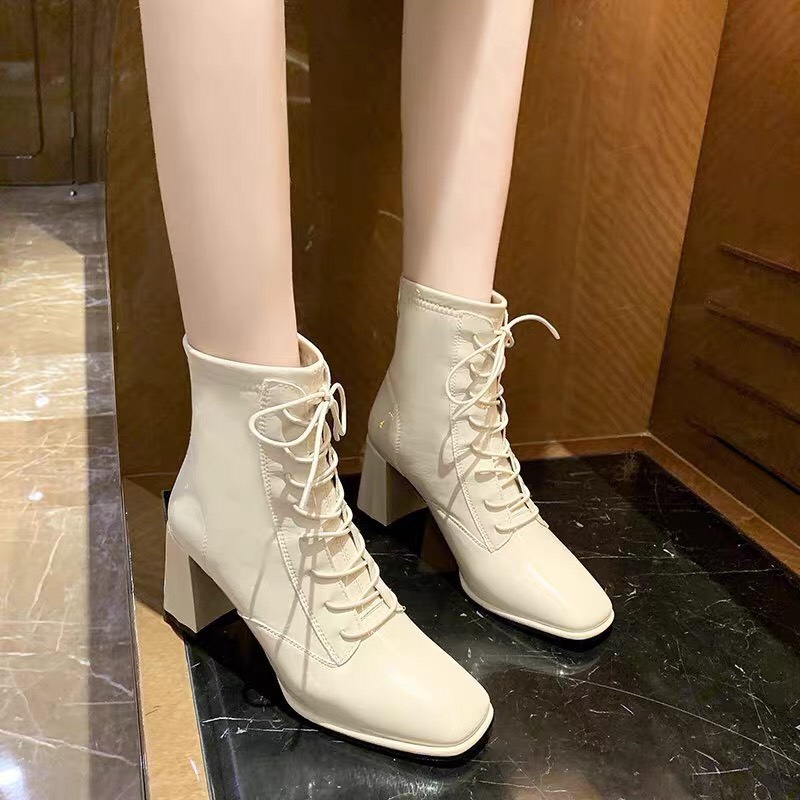Giày Nữ  Bốt Đế Vuông Da Bóng Phong Cách Thời Trang Trẻ