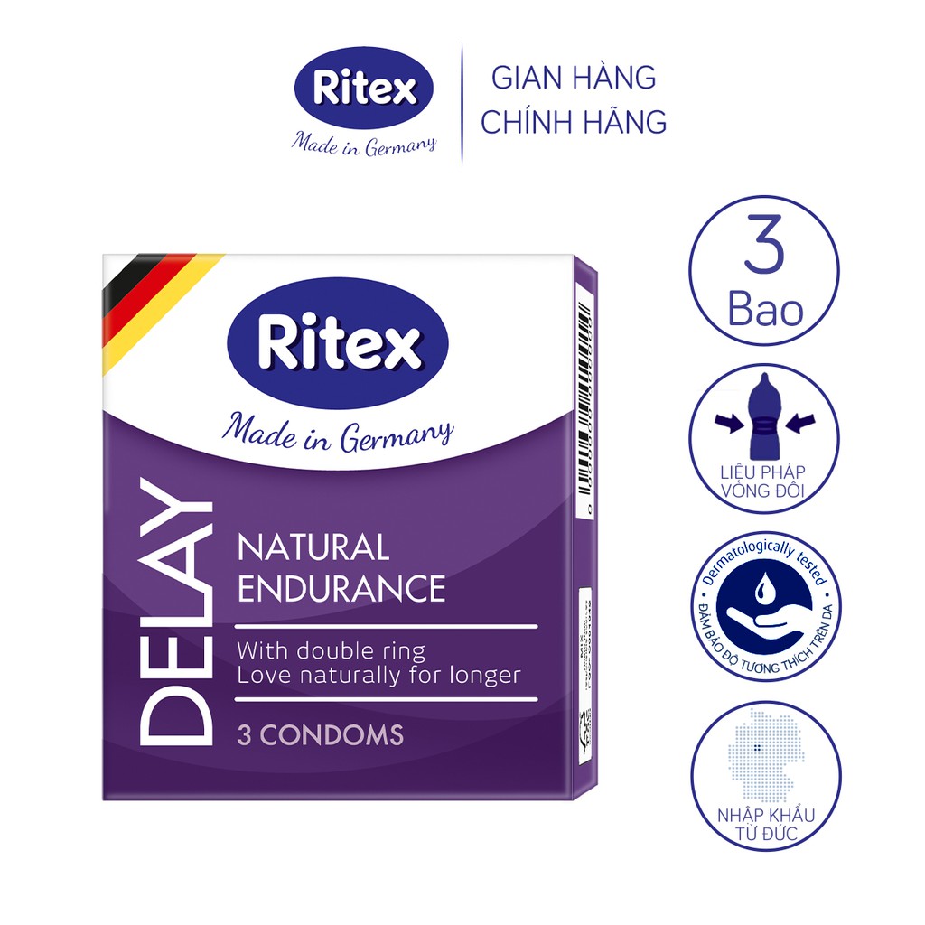 Bao cao su Ritex Delay kéo dài thời gian hộp 3 bao - Hàng nhập khẩu chính hãng- RD001
