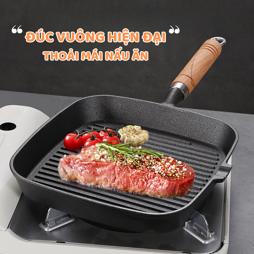 Chảo Nướng BBQ Hàn Quốc 22CM, Chảo Gang Đúc Thủ Công Siêu Chắc Chắn, Áp Chảo Bò Bít Tết Biến Bạn Thành 1 Đầu Bếp Khi Mua Nó