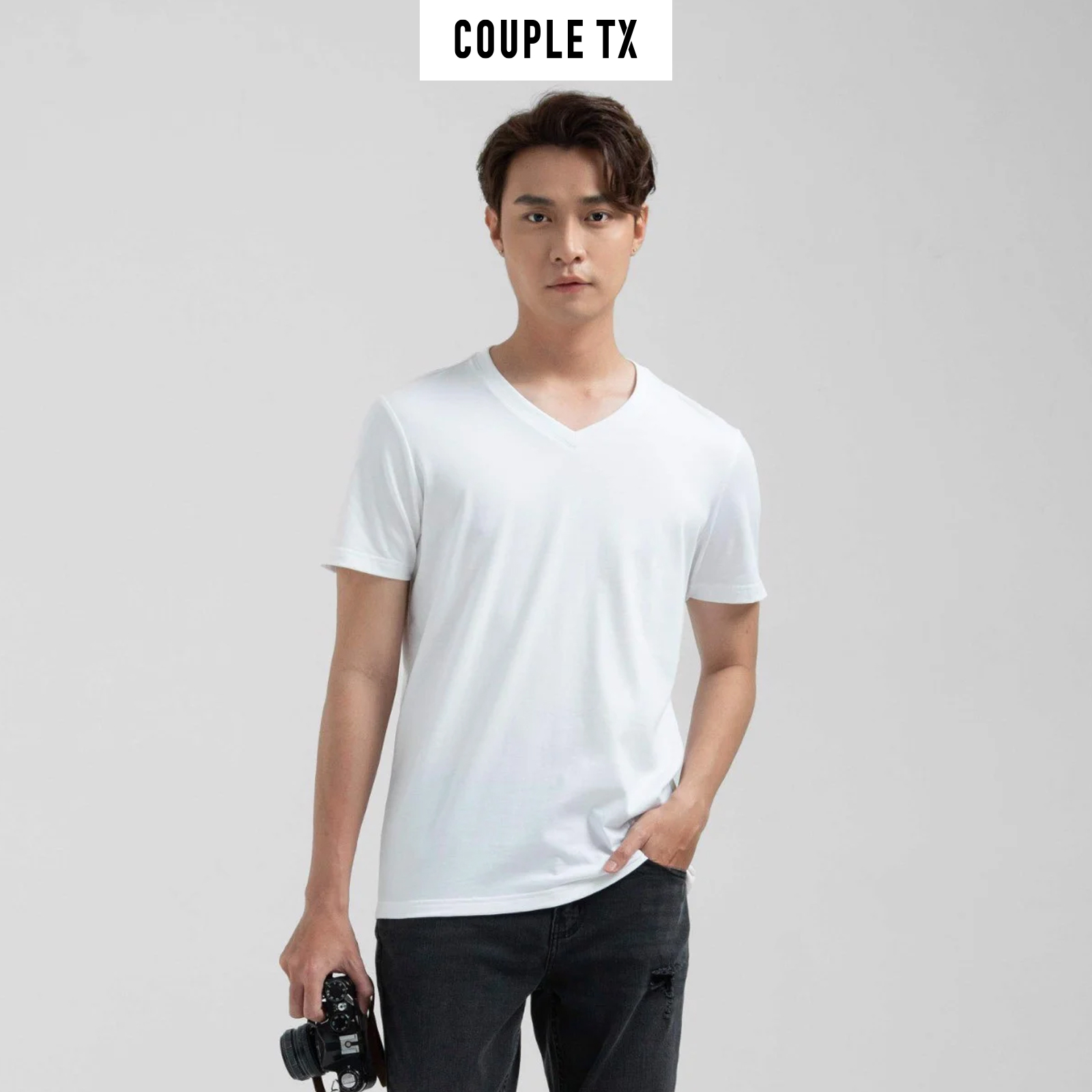 [15.1 - 17.1 Voucher lên đến 200K]  Áo Thun Nam COUPLE TX - Áo Thun Cotton Trơn Basic Nam Cổ Tim, Form Fit