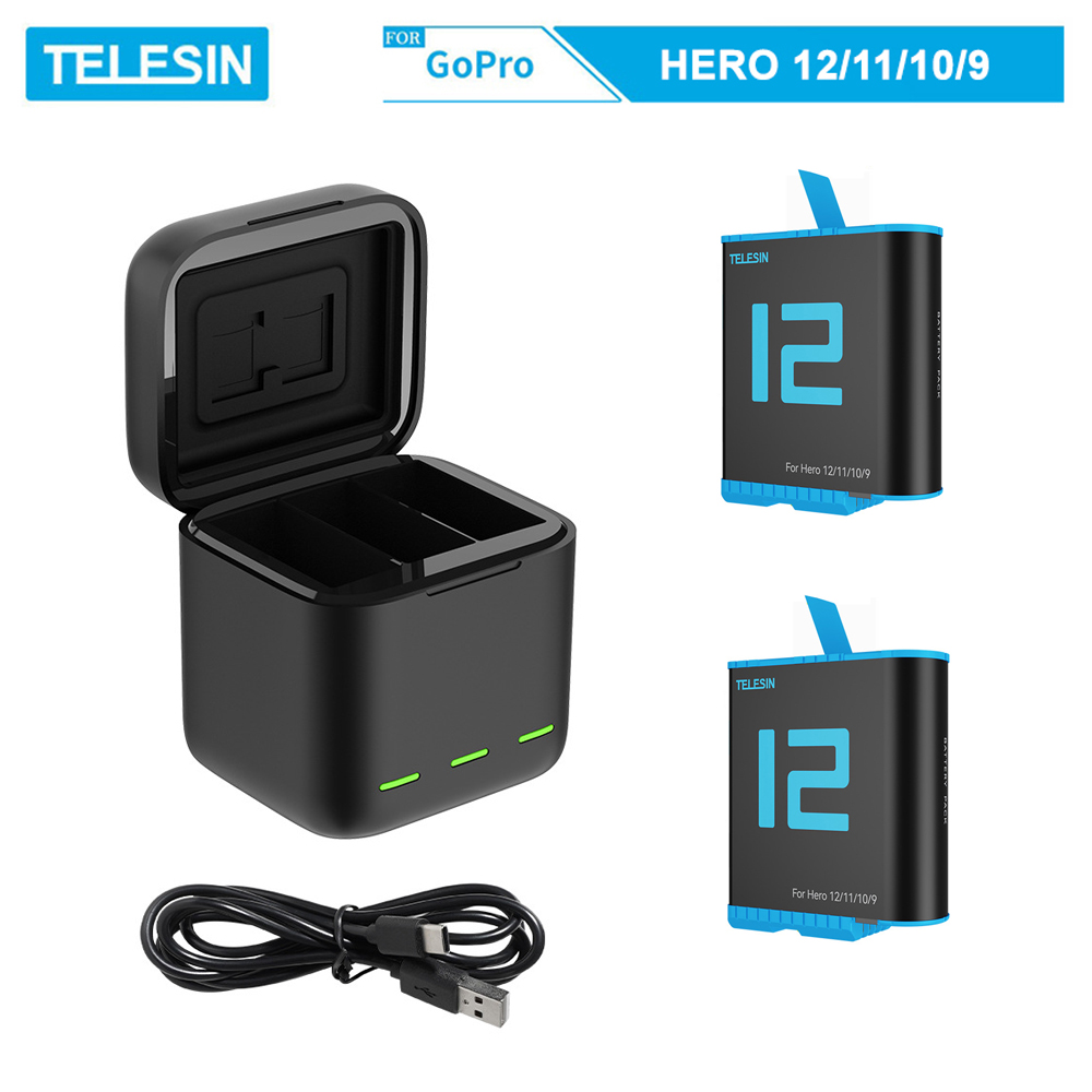 Bộ sạc 3 + 2 viên pin telesin cho gopro hero 9, gopro hero 10, gopro hero 11, gopro hero 12 -