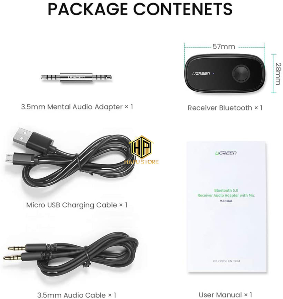 Bộ thu Bluetooth 5.0 Ugreen 70304 chuẩn 3.5mm hỗ trợ APTX cao cấp - Hapustore