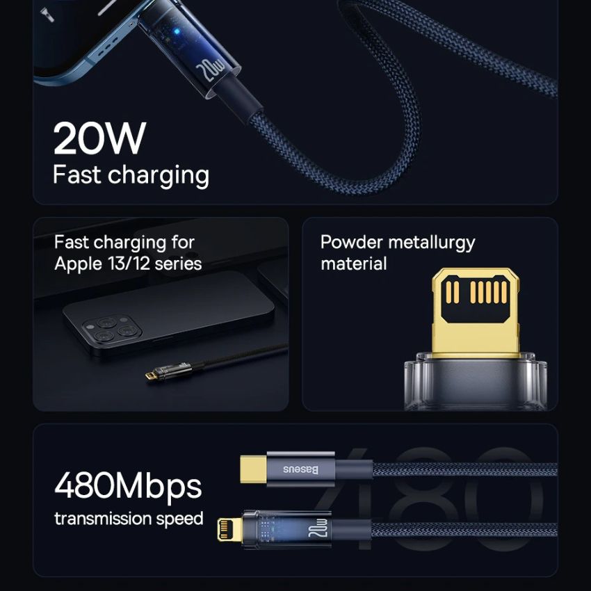 Cáp tự ngắt Baseus Explorer Series Auto Power-Off Fast Charging Data Cable Type-C to IP 20W sạc nhanh, tự ngắt điện khi sạc đầy[HÀNG CHÍNH HÃNG] - CATS000001