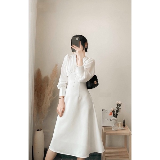 ĐẦM  TRẮNG TAY DÀI, CỔ V, NÚT BỌC (có ảnh thật) MS31