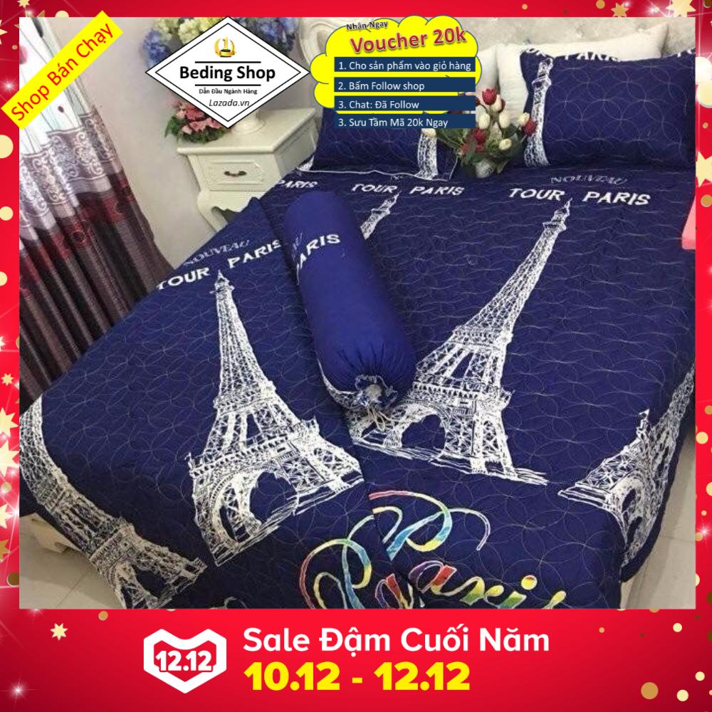 Trọn Bộ 5 món Chăn Ga Gối Phủ Chần Bông Kovico Tháp Eiffel (dành cho nệm cao dưới 35cm)