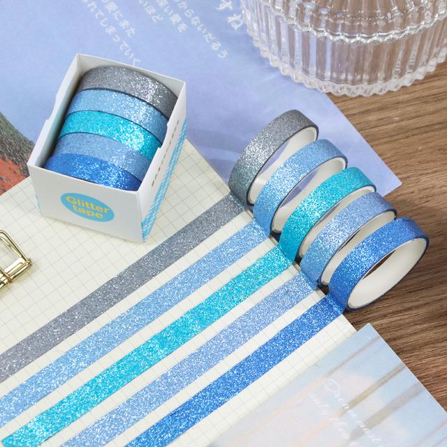 5Pcs Glitter Washi Tape Set Basic Masking Tape Journal Supplies Washitape Stationery Scrapbooking Album Decorative Adhesive Tape