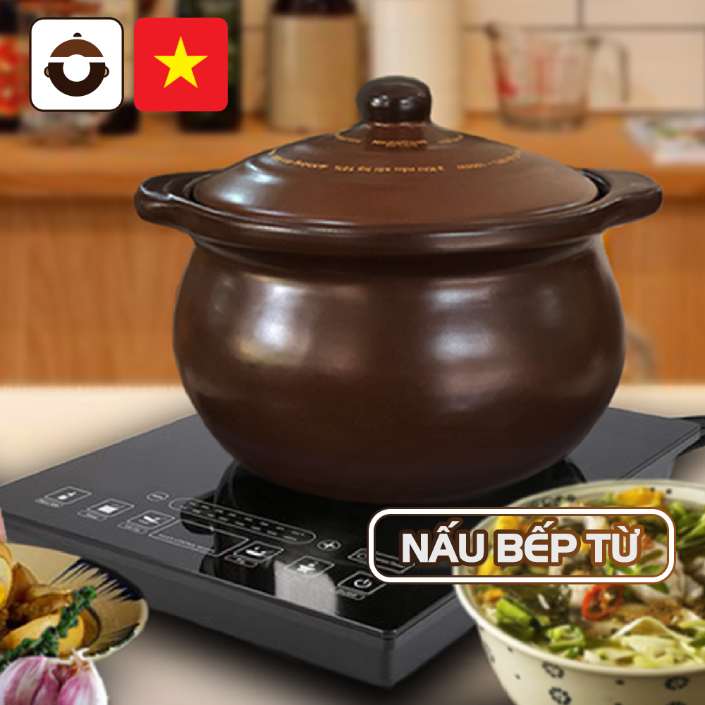 Nồi đất nấu bếp từ cỡ 2 - 3 lít (Men sứ nâu) NodaCook Bát Tràng