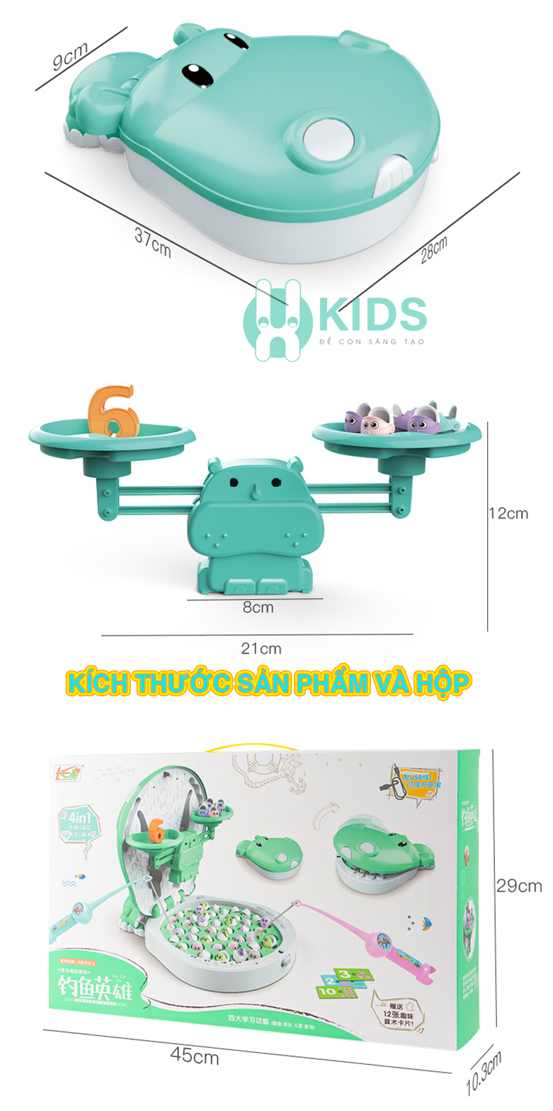 Đồ Chơi Câu Cá Nam Châm kèm cân toán học có phát nhạc, thẻ bảng chữ số, sạc pin bằng USB và 45 cá nhỏ
