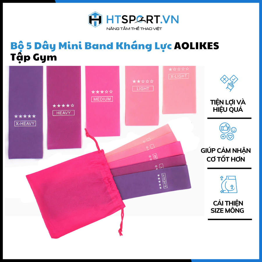 Dây miniband, bộ 5 dây miniband hồng, dây đàn hồi kháng lực tập chân mông gym aolikes 3608 cao cấp