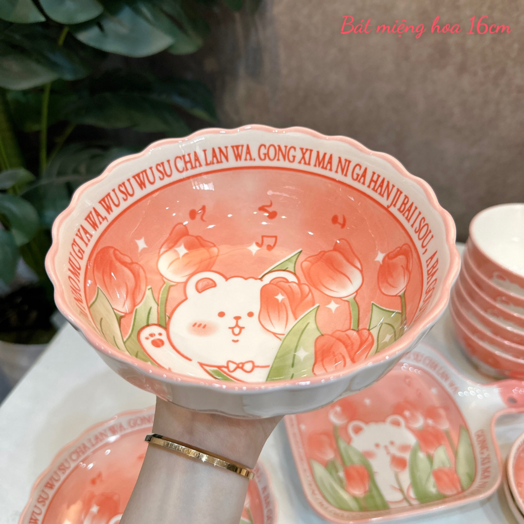 Bộ bát đĩa gốm sứ decor hoa văn gấu tulip hồng mới tinh siêu xinh