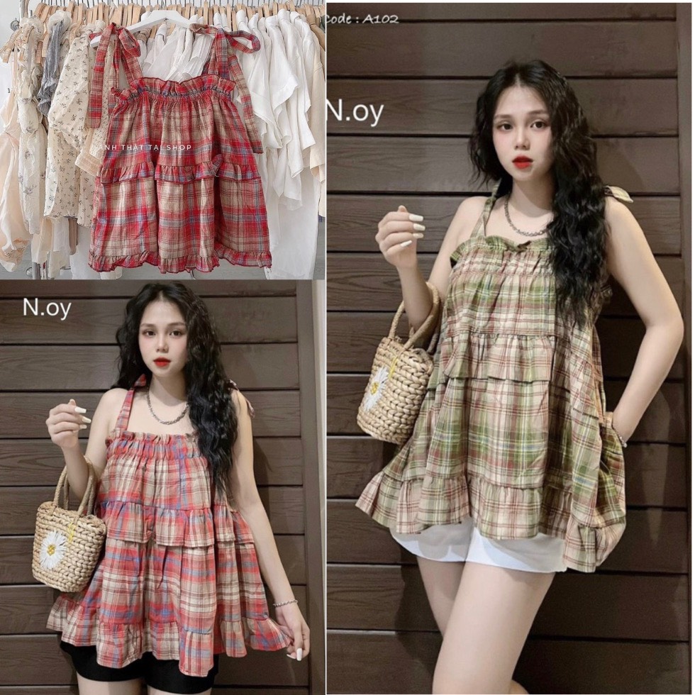 Áo hai dây nữ áo 2 dây kẻ caro đỏ viền bèo hottrends chất thô mềm mát, Áo hai dây nữ thắt nơ kẻ đỏ viền bèo, áo babydoll tiểu thư phong cách Hàn Quốc, Áo hai dây nữ áo 2 dây kẻ caro đỏ viền bèo hottrends chất thô mềm mát