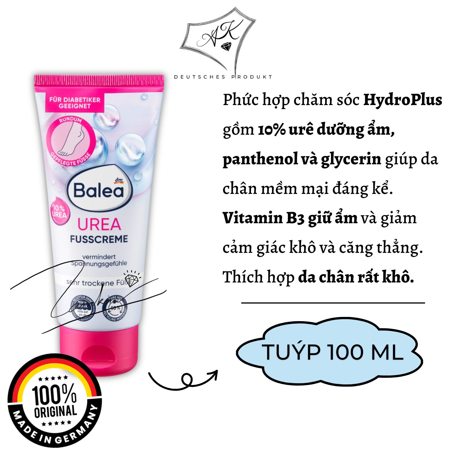[ Hàng Đức ] Kem dưỡng da chân Balea tinh dầu bạc hà - 100ml