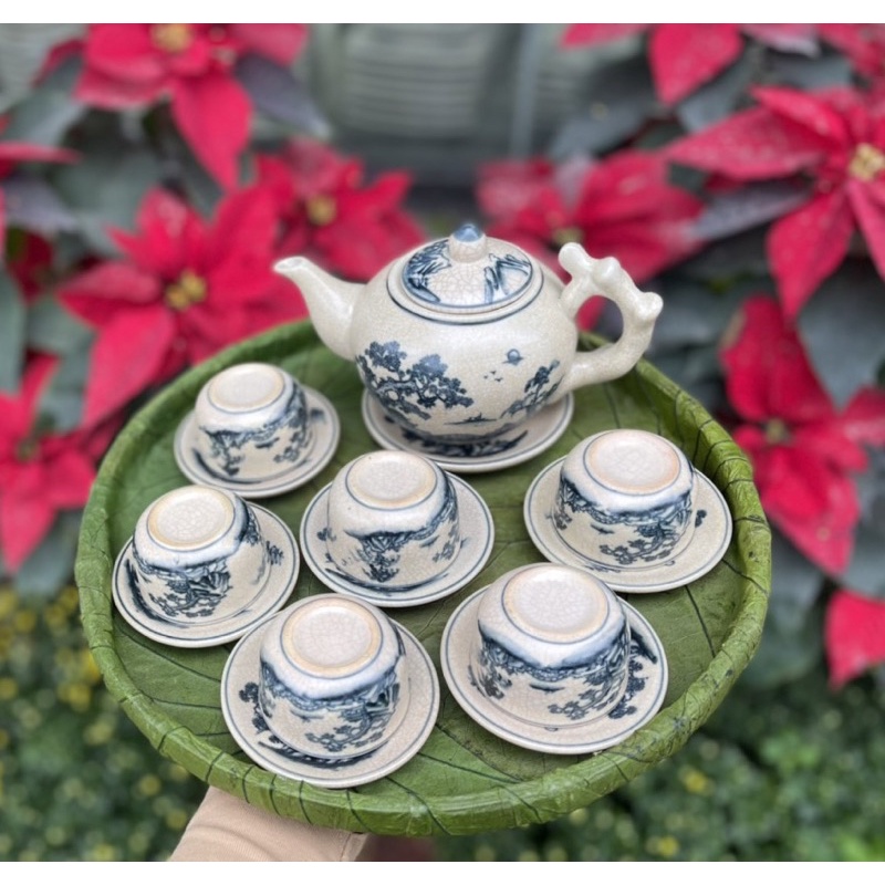 Bộ ấm trà, men rạn cổ vẽ tay Bát tràng cao cấp