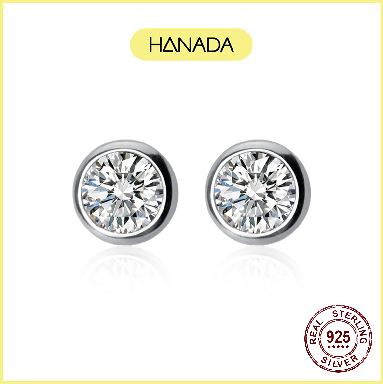 [HCM] Bông Tai Bạc Cao Cấp Hanada Đá Tròn Viền 0404