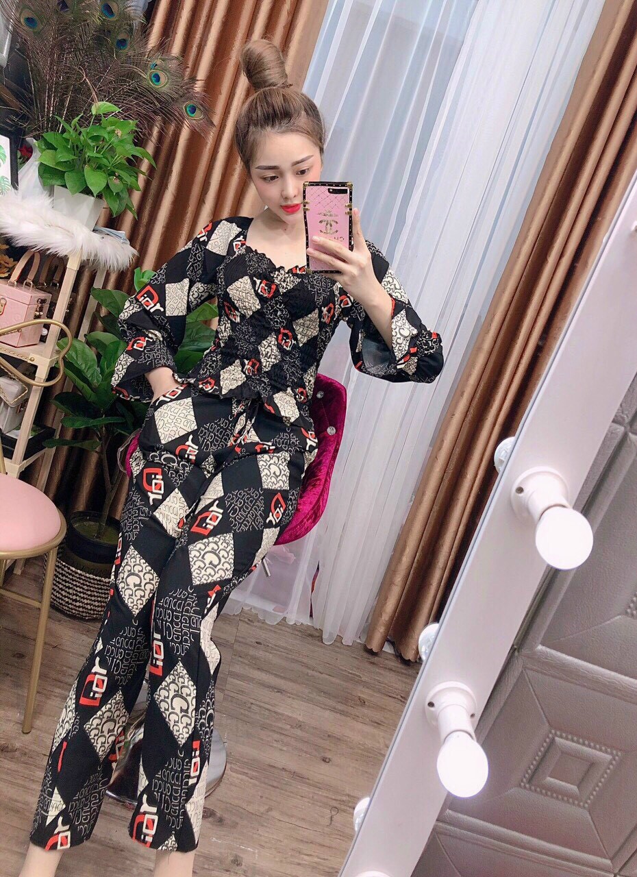 Sét bộ lụa tay dài họa tiết chữ-MTB#setbonu